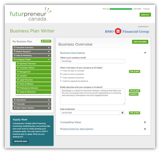 Futurpreneur's Business Plan Writer Tool