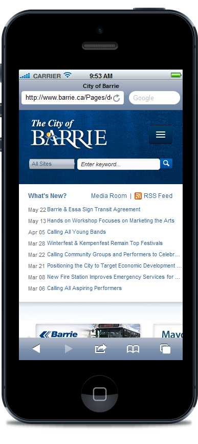 The City of Barrie site optimized for mobile devices