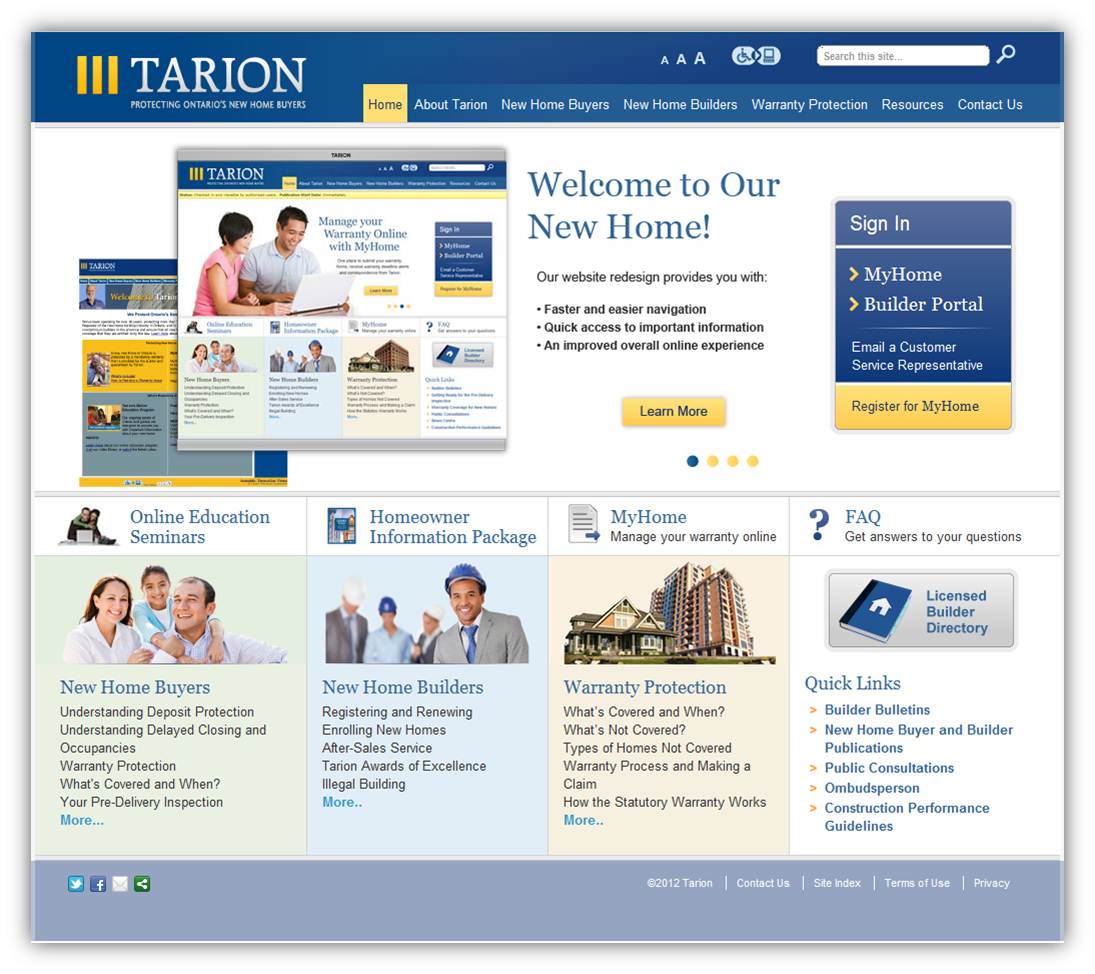 The new Tarion Warranty Home Page