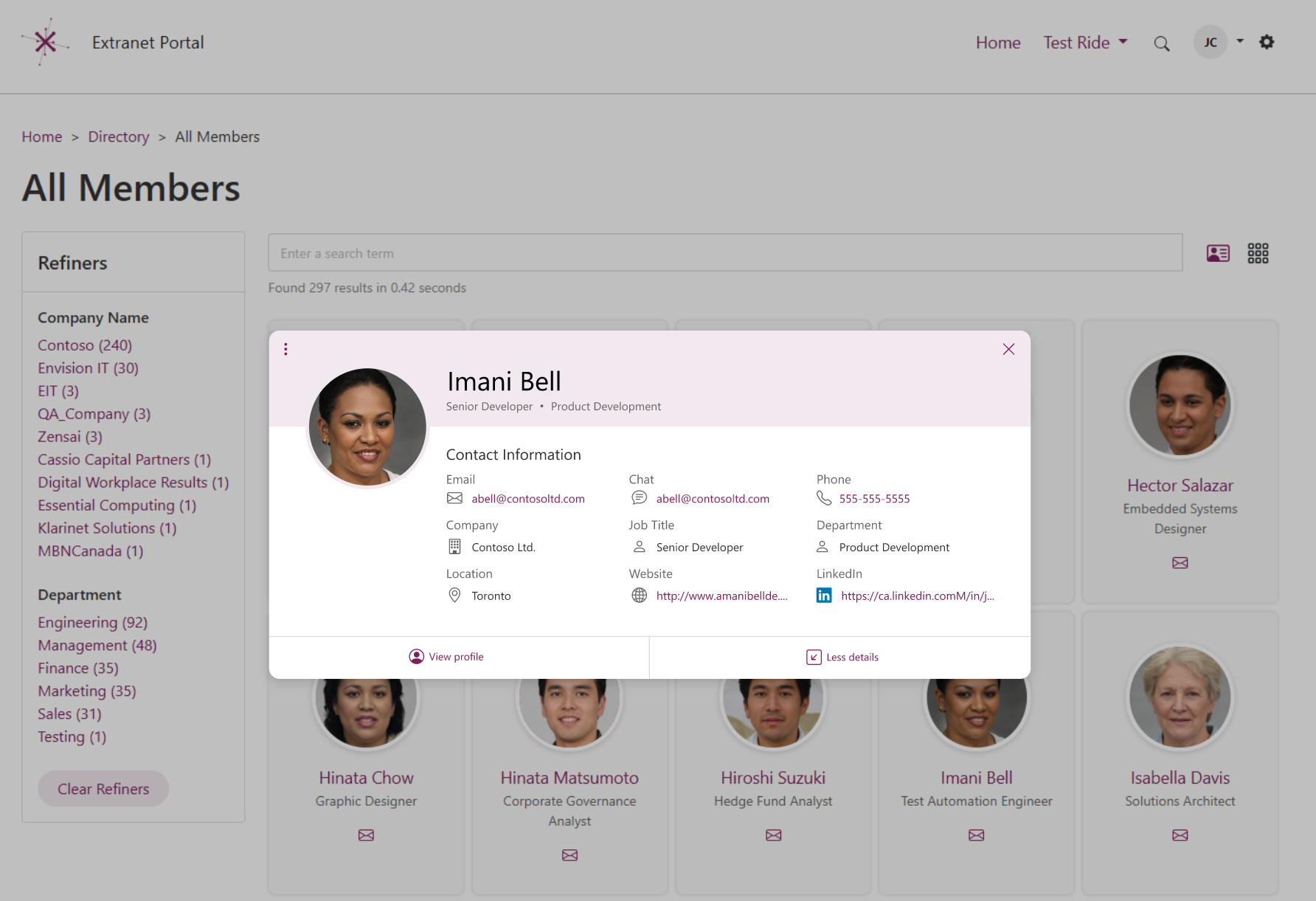 People Search results within Extranet Portal directory